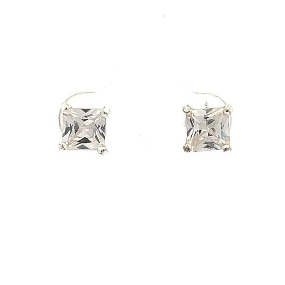 Designer Sterling Silver & Cubic Zirconia Princess Cut Stud Pierced Earrings! 71 - Picture 1 of 6